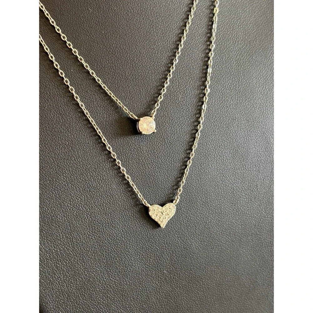 925 Sterling Silver Layered Necklace Crystal Heart & Pendant Dainty